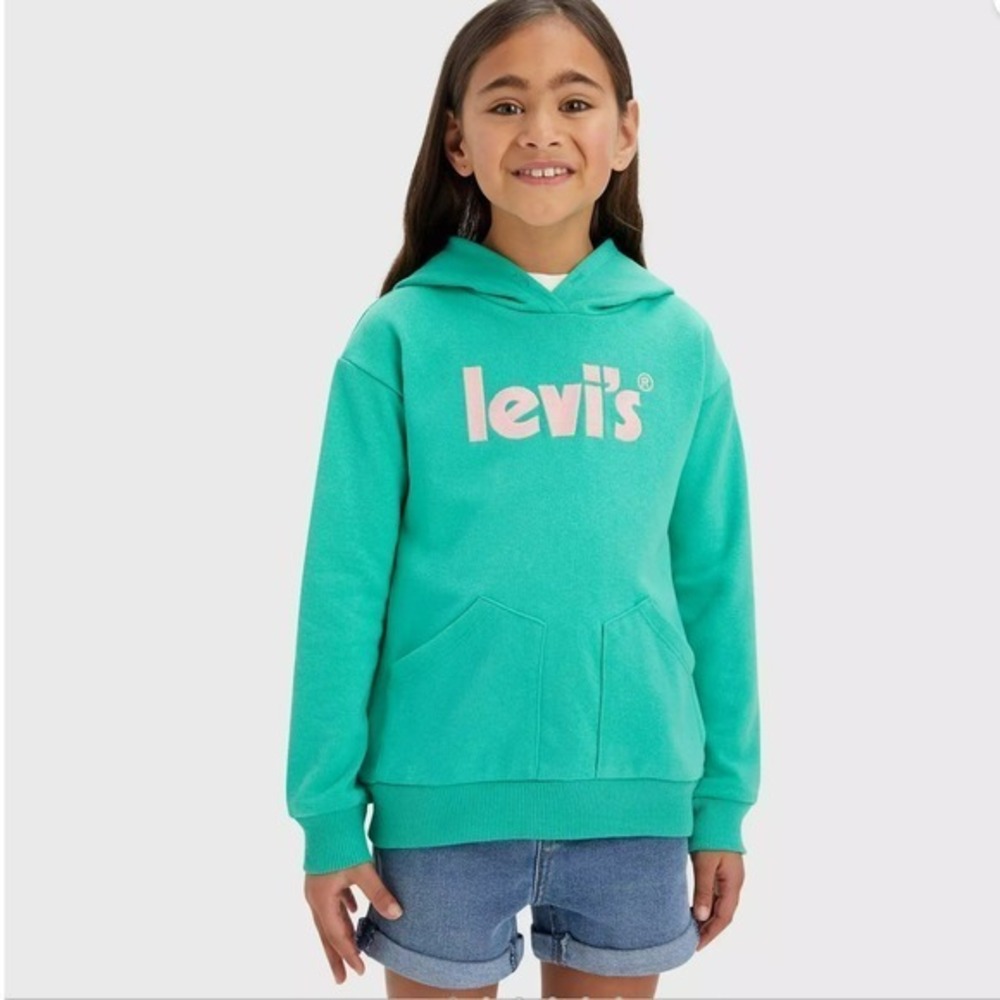 NWT Levi's Girls Pullover Hoodie Green Pink Logo Graphic 6X